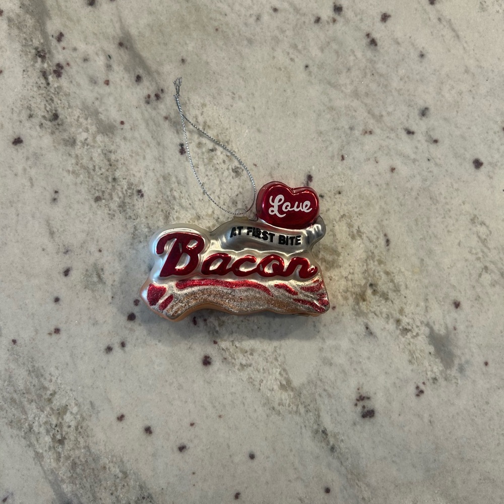 “Love at First Bite Bacon” glass blown hollow  holiday Ornament Christmas